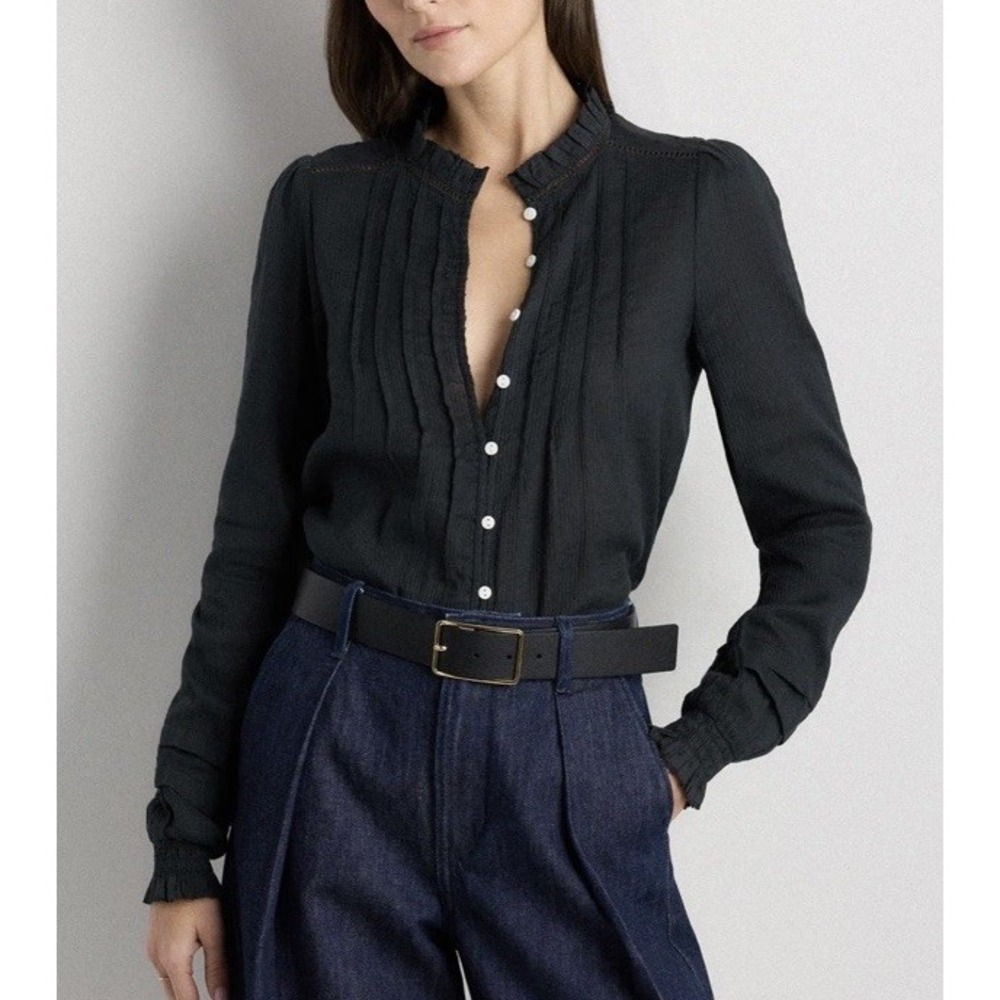 Quince Organic Textured Cotton Peasant Blouse Black Size XS